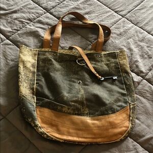 Mona B Olive Canvas Messenger Tote with Tan Leather Accents